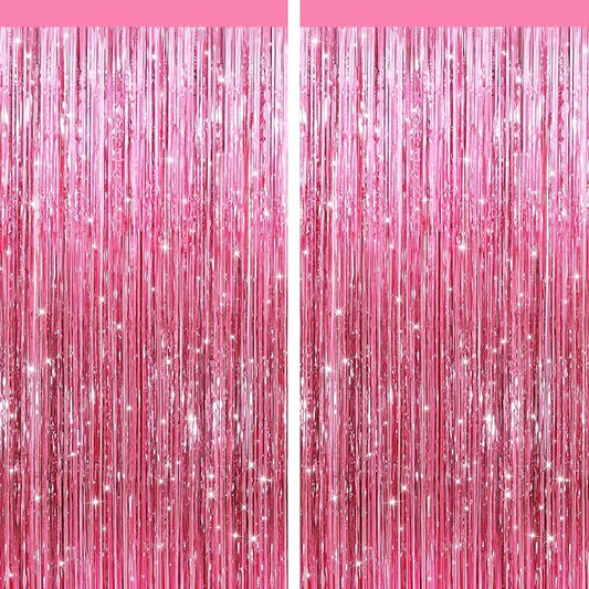 2 Pack Pink Metallic Tinsel Foil Fringe Curtains, Door Streamers Photo Booth Backdrop for Birthday Party, Tinsel Curtain Backdrop for Baby Shower Bachelorette Christmas Party Decorations