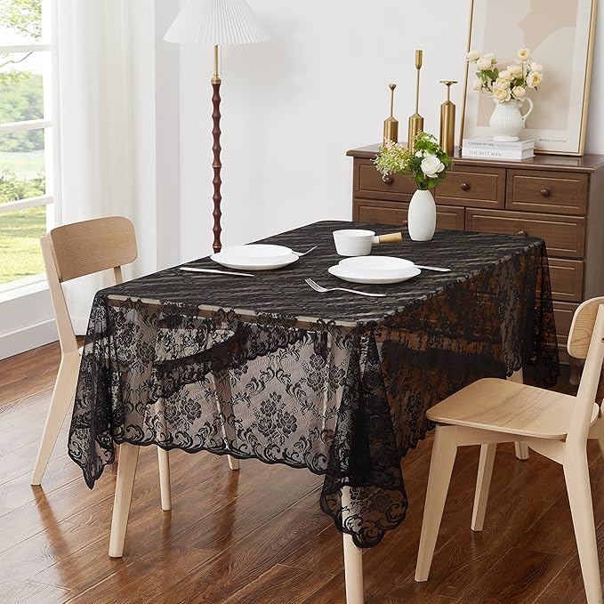 LinenZone Black Rectangle Tablecloth for Rustic Vintage Decor. Sheer Lace Tablecloth Works Great As Wedding Table Cloth or Christmas Table Cover (Mia TC 60 x 144, Black)