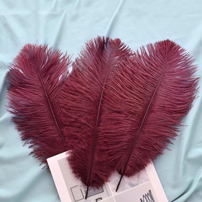 Ballinger Big Burgundy Ostrich Feathers - 24Pcs 8-10inch Wine Red Feathers for Party Centerpieces, Flower Arrangement and Home Decor