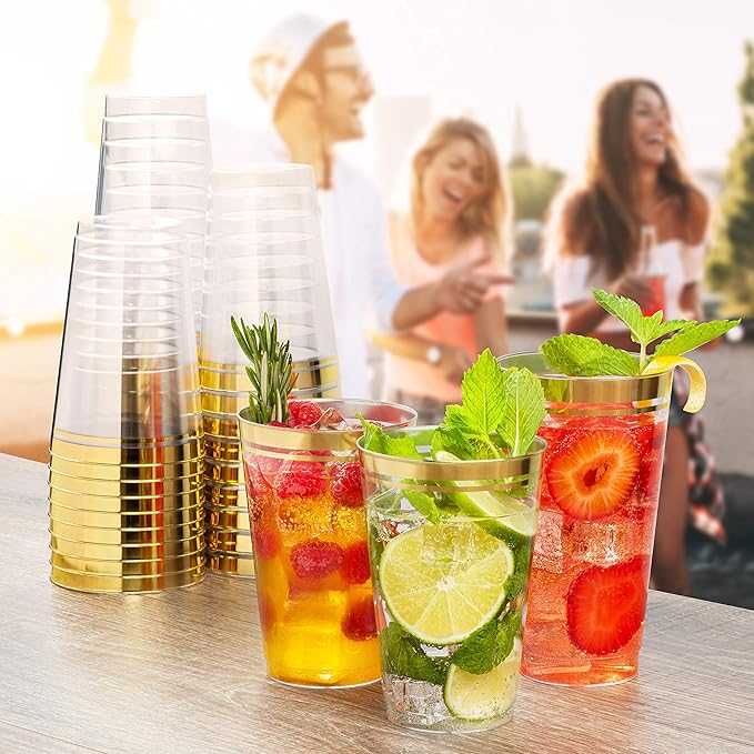 Perfect Settings Gold Rimmed Disposable Plastic Cups, Clear Hard Plastic Drinking Glasses for Cold Beverages & Cocktails, BPA-FREE, Disposable Wedding Cups, 16 oz. (Pack of 100)