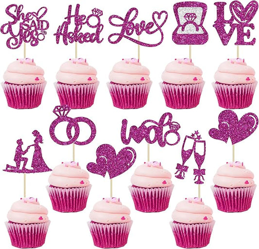 Ephlyn 30Pcs He Asked She Said Yes Cupcake Toppers Glitter Engagement Cupcake Toppers Diamond Ring Heart Love I Do Cupcake Picks for Engagement Wedding Party Cake Decorations Purple
