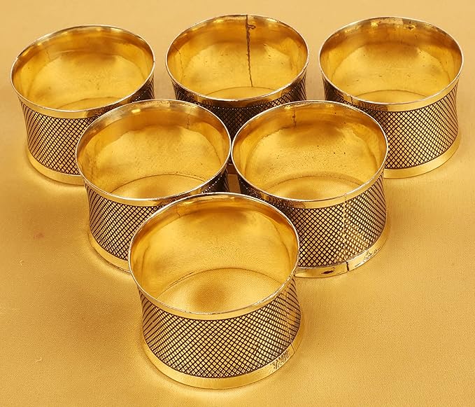 Brass Base Artistic Handcrafted Beautiful Round Shape Large Size Party Dining Table Napkin Holders in Antique Gold Tone. (Set of 6).