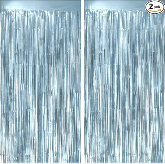 2 Pack Metallic Light Blue Fringe Backdrop, 3.2x8.2ft Shining Foil Tinsel Curtains, Birthday Party Decorations Door Streamers for Halloween, Christmas, Wedding, Graduation, Holiday, Theme Events