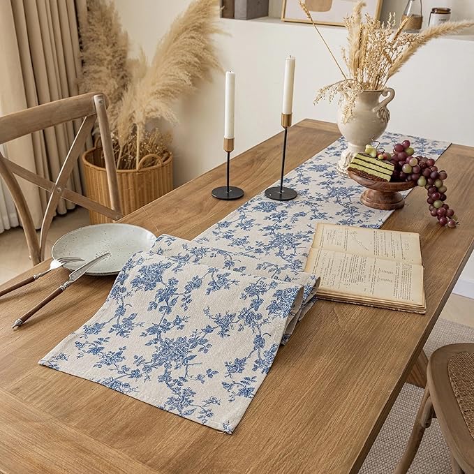 Pastoral Table Runner - 14 x 108 Inch Rectangle - Beige Linen - Washable Tabletop with Dust-Proof Wrinkle Resistant for Restaurant, Picnic, Indoor and Outdoor Dining, Floral (Dark Blue)