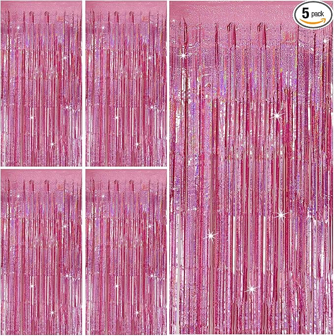 Tinsel Curtain Party Backdrop Pink Birthday Decorations 5 Packs Glitter Foil Fringe Curtain Party Decor Streamers Photo Booth for Birthday Christmas Wedding Halloween Graduation Decorations