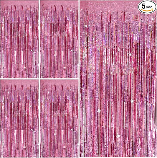 Tinsel Curtain Party Backdrop Pink Birthday Decorations 5 Packs Glitter Foil Fringe Curtain Party Decor Streamers Photo Booth for Birthday Christmas Wedding Halloween Graduation Decorations