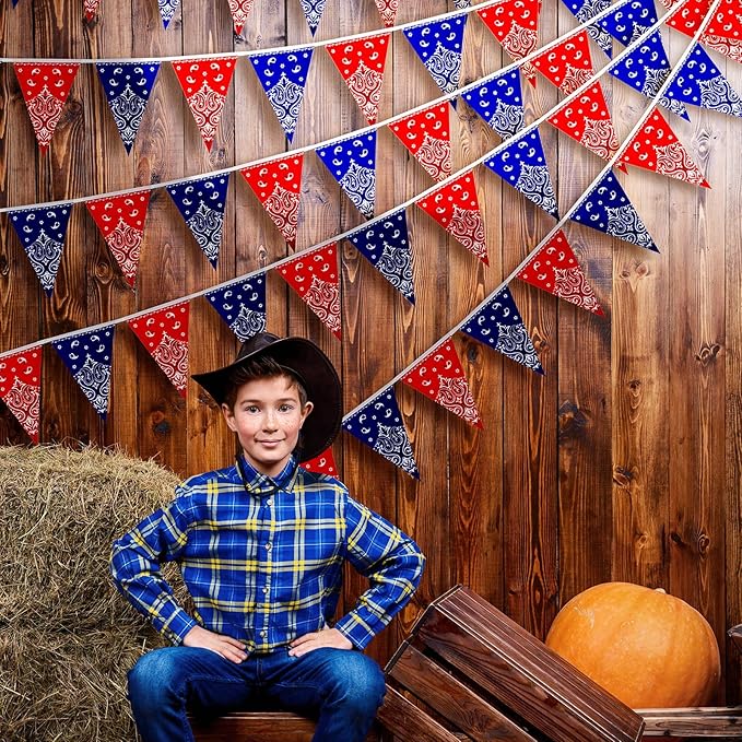 Frienda 6 Pack Western Cowboy Party Decorations Bandana Pennant Banner Christmas Wild West Rodeo Decor Red and Blue Country Decorations for Cowboy Themed Party Decoration, 9.8 Feet