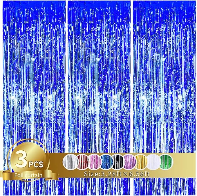 3 Pcs Blue Tinsel Foil Fringe Curtains,3.28ft x 6.56ft Gold Photo Booth Backdrop Streamer Curtain,Photo Booth Props,Ideal Bachelorette Party Supplies, Birthday, Christmas,New Year Decorations…