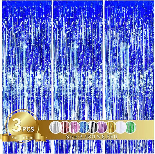 3 Pcs Blue Tinsel Foil Fringe Curtains,3.28ft x 6.56ft Gold Photo Booth Backdrop Streamer Curtain,Photo Booth Props,Ideal Bachelorette Party Supplies, Birthday, Christmas,New Year Decorations…