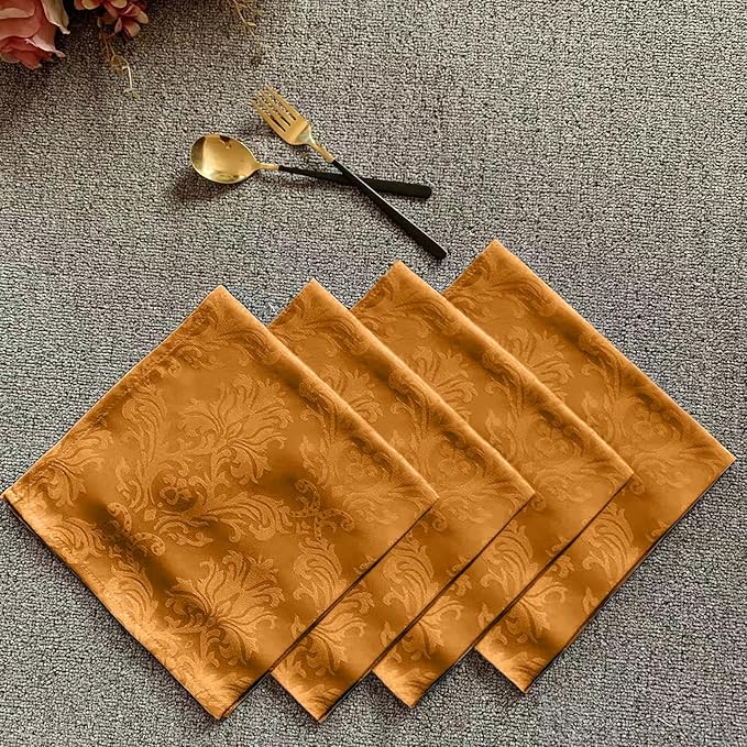 SASTYBALE Brown Jacquard Square Napkin, 20x20 Inche Damask Wrinkle Resistant Soft Polyester Napkins, Fabric Cloth Dinner Napkins for Wedding, Winter, Holiday, Xmas, Parties, Set of 4 (Brown)