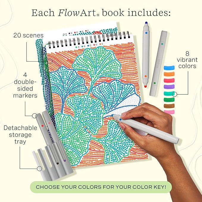 Lifelines FlowArt Activity Pad, 2-Pack - Guided Dot Art Meditations with Markers - Dot-by-Letter, Botanicals & Landscapes - Color by Number/Letter Coloring Books for Teens, Adults & Seniors