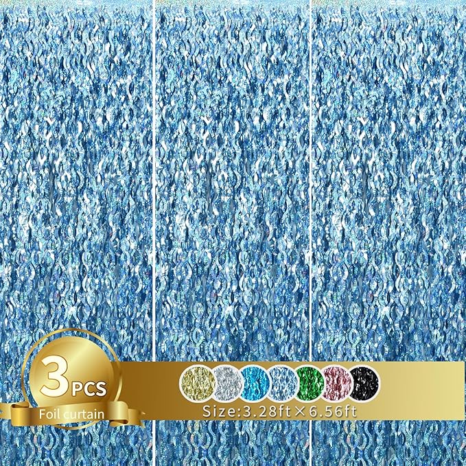 TONIFUL 3Pcs Wavy Metallic Tinsel Foil Fringe Curtains Light Blue Streamer Backdrop for Photo Booth Props,Party Door Wall Curtains,Bachelorette,Underwater World Birthday Party Decor (9.9ft x 6.6ft)