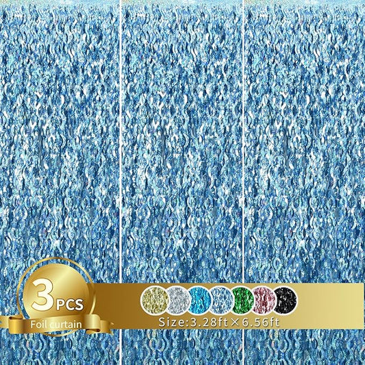 TONIFUL 3Pcs Wavy Metallic Tinsel Foil Fringe Curtains Light Blue Streamer Backdrop for Photo Booth Props,Party Door Wall Curtains,Bachelorette,Underwater World Birthday Party Decor (9.9ft x 6.6ft)