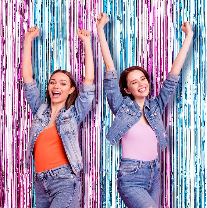 3 Pack 3.3x8.2 Feet Blue and Pink Foil Fringe Backdrop Curtains, Tinsel Streamers Birthday Party Decorations, Fringe Backdrop for Graduation, Baby Shower, Gender Reveal, Disco Party