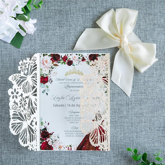 20 PCS 5.12x7.2 Butterfly Personalized Quinceanera Invitation, Customized XV Anos Laser Cut Invitation Cards with Envelopes (20 PCS Light Gold Personalized)
