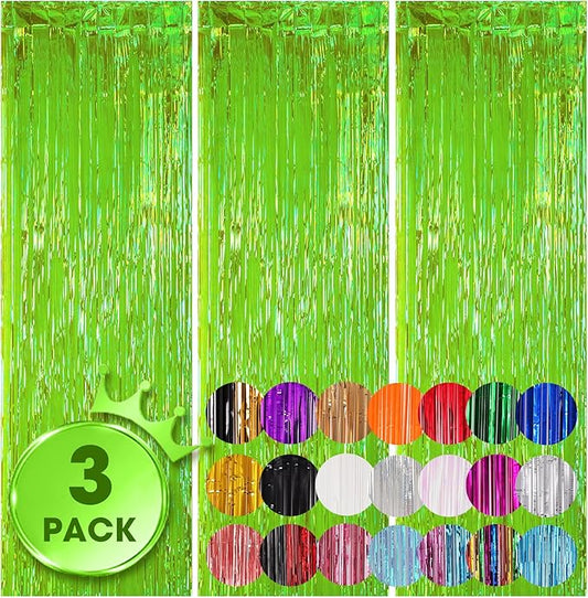 3 Pack 3.3x8.2 Feet Neon Green Foil Fringe Backdrop Curtains, Tinsel Streamers Birthday Party Decorations, Fringe Backdrop for Graduation, Baby Shower, Gender Reveal, Disco Party