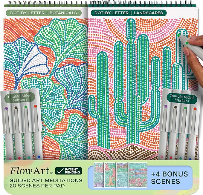 Lifelines FlowArt Activity Pad, 2-Pack - Guided Dot Art Meditations with Markers - Dot-by-Letter, Botanicals & Landscapes - Color by Number/Letter Coloring Books for Teens, Adults & Seniors