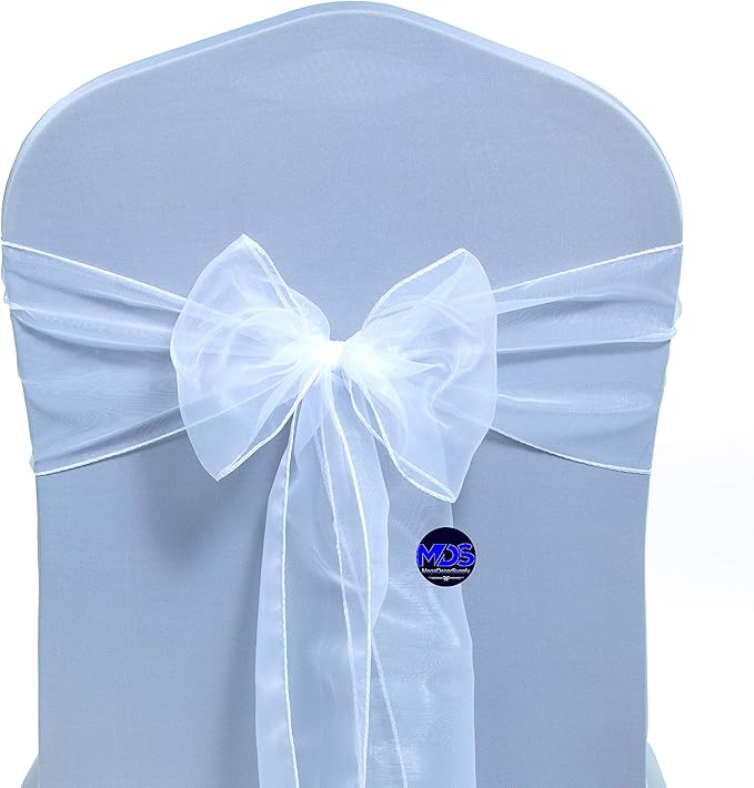 MDS Pack of 50 PCS Organza Chair Sashes Wider Dining Chair Bows Ribbon Tie Back for Wedding Party Birthday Bridal Shower Reception Event Banquet Home Chair Cover Decoration - White
