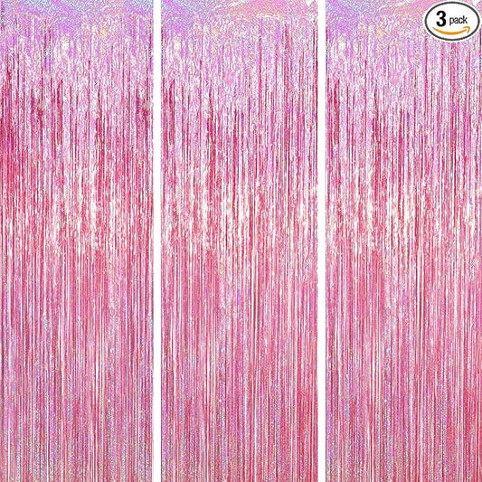 3 Pack 3.3 x 6.6 ft Pink Foil Fringe Backdrop Curtains, Tinsel Streamers Party Decorations, Fringe Backdrop for Birthday, Baby Shower, Gender Reveal, Graduation