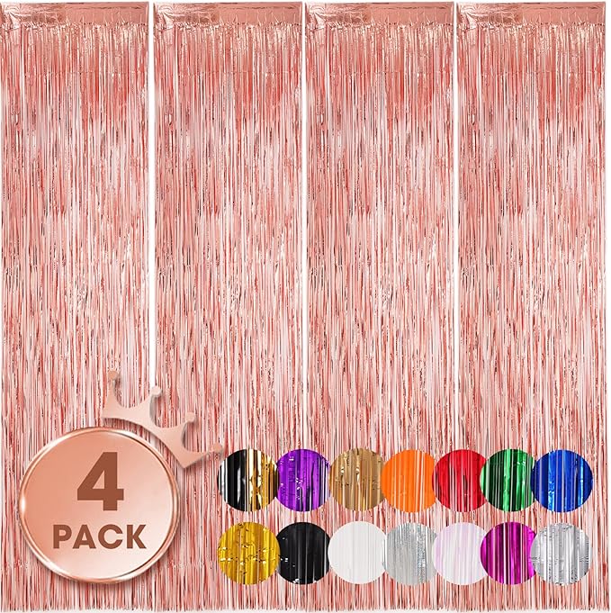 4 Pack Rose Gold Foil Fringe Backdrop Curtains, Tinsel Streamers Birthday Party Decorations, Fringe Backdrop for Graduation, Baby Shower, Gender Reveal, Disco Party