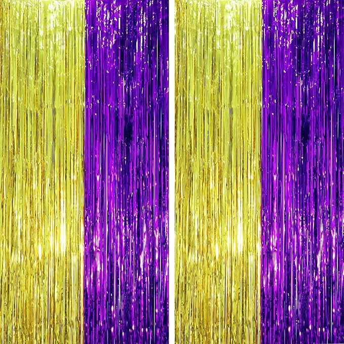 2 Pack Purple and Gold Foil Fringe Backdrop Curtains, Tinsel Streamers Party Decorations, Fringe Backdrop, Door Shimmer for Graduation or Birthday Party