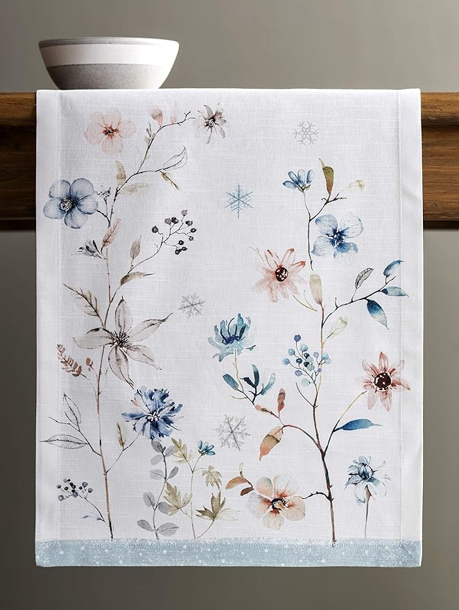 Maison d' Hermine Table Runner 100% Cotton Single Layer Table Runners 36 inches Long for Thanksgiving Christmas Decorations Home Kitchen Dining Party Wedding (Ice Florals, 14.5" x 36")