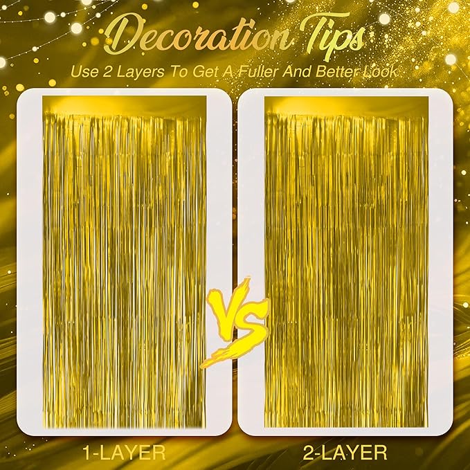 2 Pack Metallic Gold Fringe Backdrop, 3.2x8.2ft Shining Foil Tinsel Curtains, Birthday Party Decorations Door Streamers for Halloween, Christmas, Wedding, Graduation, Holiday, Theme Events
