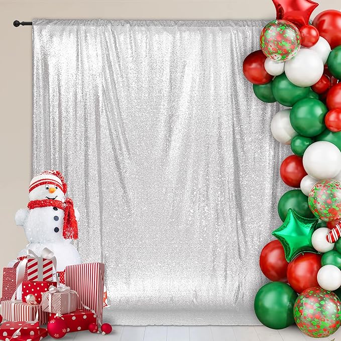 PartyDelight Silver 8FT X 8FT Sparkly Sequin Backdrop Curtains for Wedding Party Room Decorations