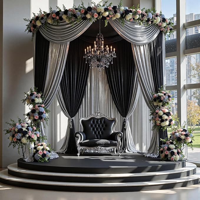 PartyVillage 10x10FT Metallic Silver Sequin Backdrop Curtain -2 Panels 5x10FT Wrinkle Free Shimmer Back Drop Cloth, Glitter Backdrop Drapes for Photography, Birthday, Wedding Background