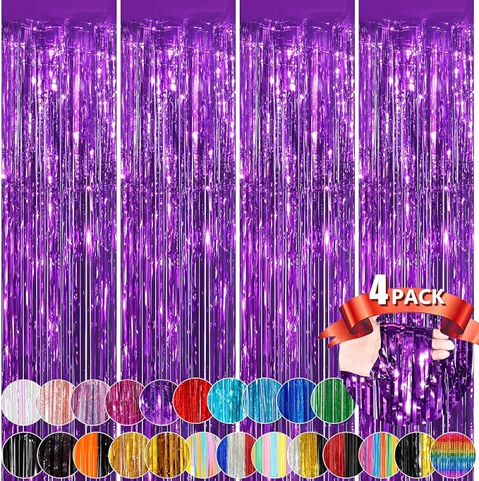 Purple Metallic Tinsel Foil Fringe Curtains, 4 Pack 3.3x8.3 Feet Party Streamer for Birthday Party Decorations, Halloween Decor, Foil Curtain for Bachelorette Party