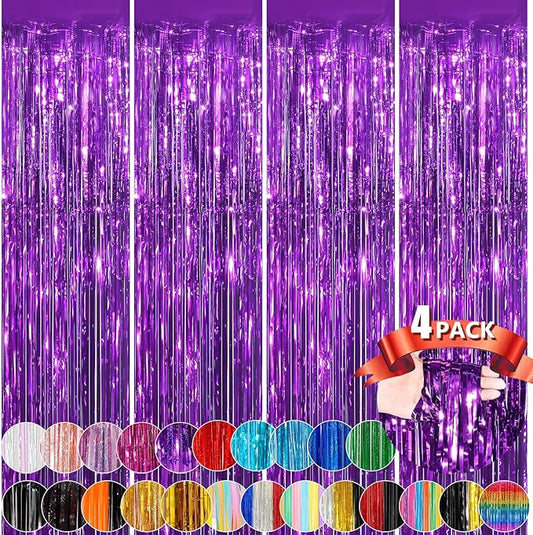 Purple Metallic Tinsel Foil Fringe Curtains, 4 Pack 3.3x8.3 Feet Party Streamer for Birthday Party Decorations, Halloween Decor, Foil Curtain for Bachelorette Party