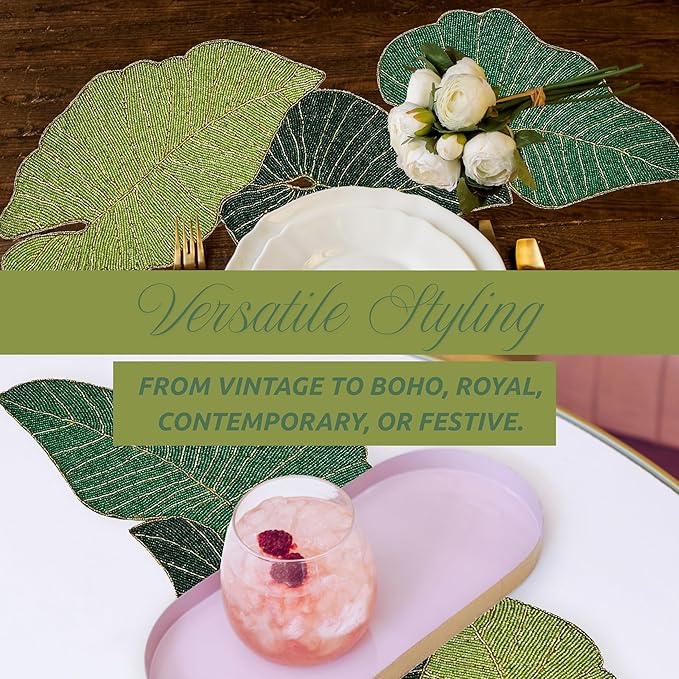 Luxury Beaded Table Runner - 13x36 Inches Handcrafted Leaf Pattern with Glass Beads & Polyester Back - Elegant Table Decor for Dining, Coffee Table & Events (Green) - CLEENTABLE