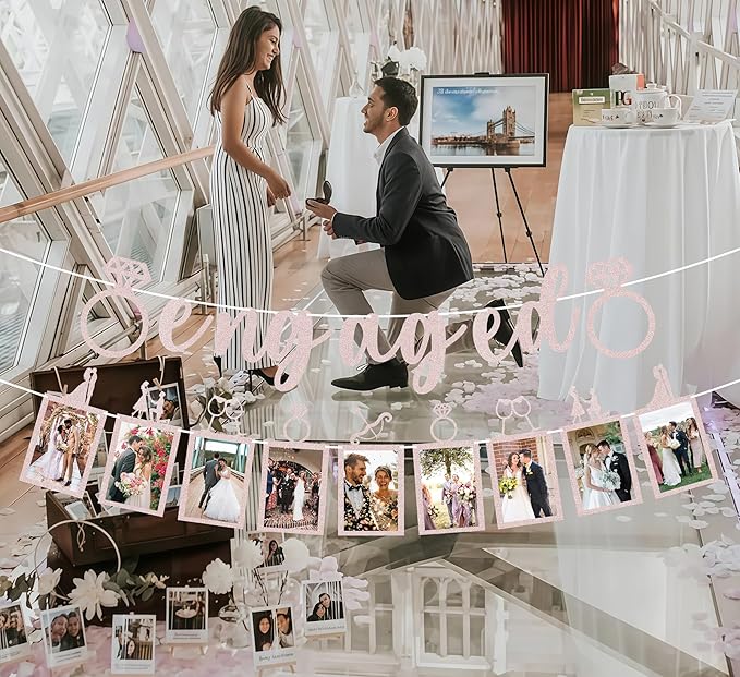 Pre-Strung Engaged Photo Banner - Rose Gold Glitter Engagement Party Decoration Supplies with Romantic Memories Picture Card Frames for Bachelorette, Bridal Shower, Wedding Party Photo Booth Props