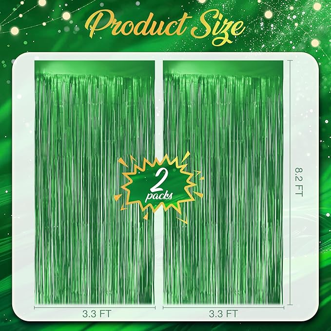 2 Pack Metallic Green Fringe Backdrop, 3.2x8.2ft Shining Foil Tinsel Curtains, Birthday Party Decorations Door Streamers for Halloween, Christmas, Wedding, Graduation, Holiday, Theme Events