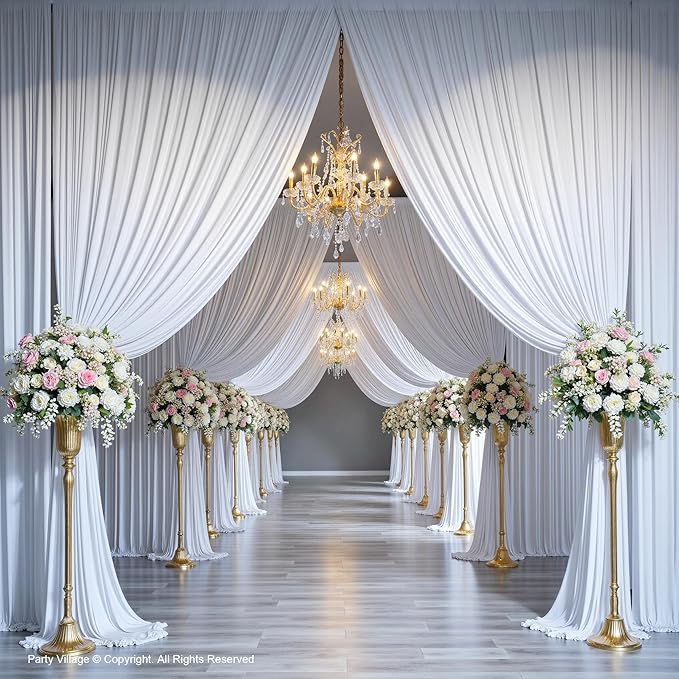 PartyVillage 30ft×15ft White Backdrop Curtain for Wedding Parties, 6 Panels Wrinkle Free 15 FT Long Polyester Photo Backdrop Drapes Back Drop Cloth for Birthday Photography Background