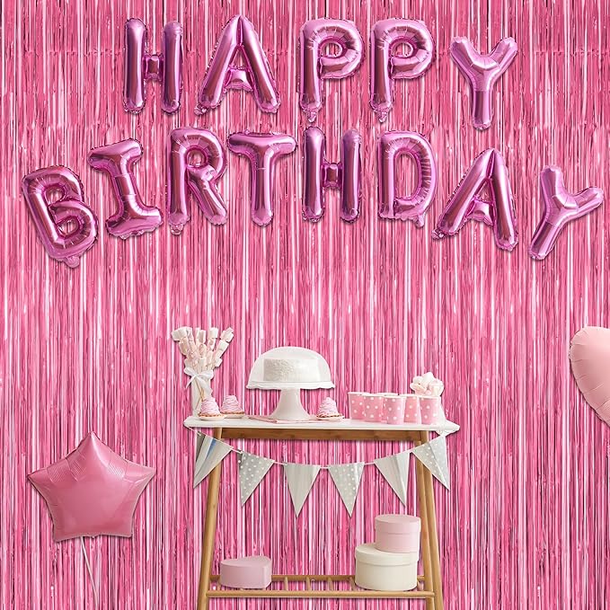 4 Pack Birthday Decorations, 3.28 FT x 7.05 FT Pink Backdrop, Metallic Happy Birthday Backdrop Fringe Curtains Party Streamer, Bachelorette Party Decorations Princes Birthday Party Decor
