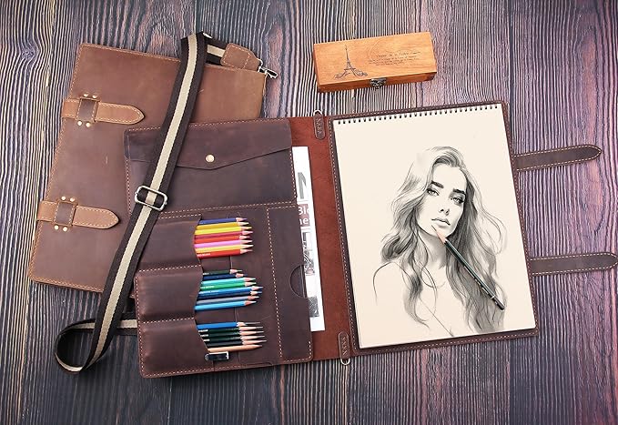 Robrasim Handmade Leather Sketchbook Cover, Artist Sketch Pad Holder for 11"X14" Top Spiral Bound Sketchbook, Drawing Book Pencil Case, Journal Portfolio with Shoulder Strap, Artist Gifts,Coffee