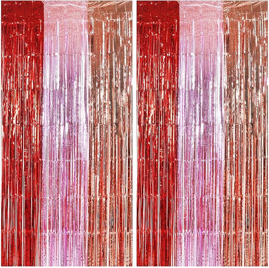 TONIFUL Valentine's Day Door Streamers,Red Pink and Rose Gold Photo Booth Backdrop Metallic Streamers Foil Fringe Curtain for Birthday Valentine's Day Bridal Shower Engagement Party Decoration