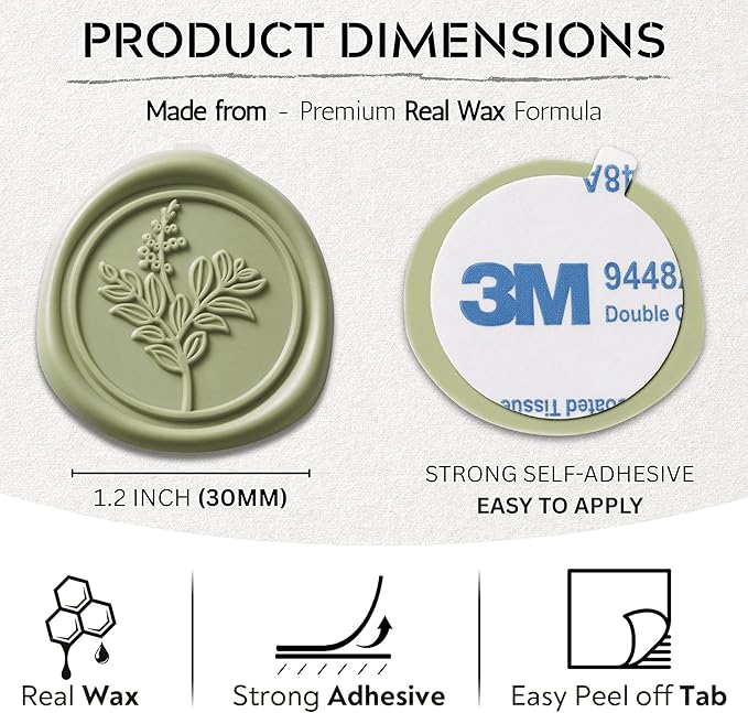 Sage Green Wax Seal Stickers (60 Pcs, 3 Designs in 1 Pack) Premium Envelope Seal Stickers Wedding Invitation Envelopes, Adhesive Wax Seals Perfect for Seating Chart, Gift Wrapping