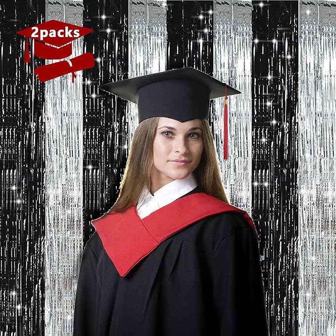TONIFUL Silver Black Door Streamers,Silver and Black Photo Booth Backdrop Metallic Streamers Foil Fringe Curtain for Birthday,New Year,Graduation,Grad,Bachelorette Party Streamers Decoration