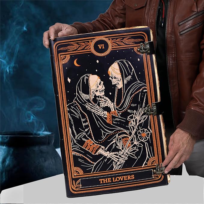 cuero Book of Spells Leather Journal Deckle Edge Paper Grimoire Printed Journal The Lovers Tarot Notebook Spiral Gothic Notebook Skull lover Antique Vintage Leather Journals for Women and Men