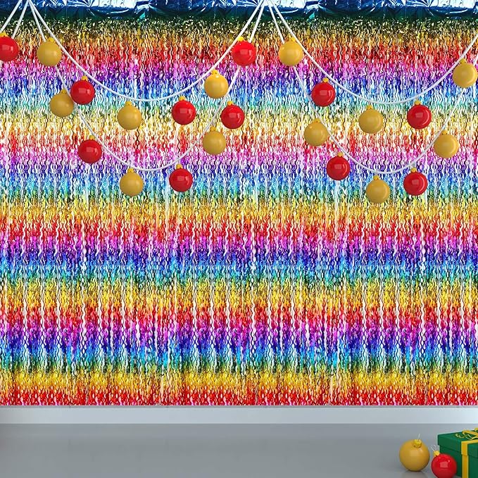 Jutom 6 Pieces 3.3 x 6.6 ft Wavy Tinsel Foil Fringe Curtains Foil Fringe Streamer Backdrop Party Curtain for Sea Mermaid Baby Shower Birthday Party Decoration (Rainbow)