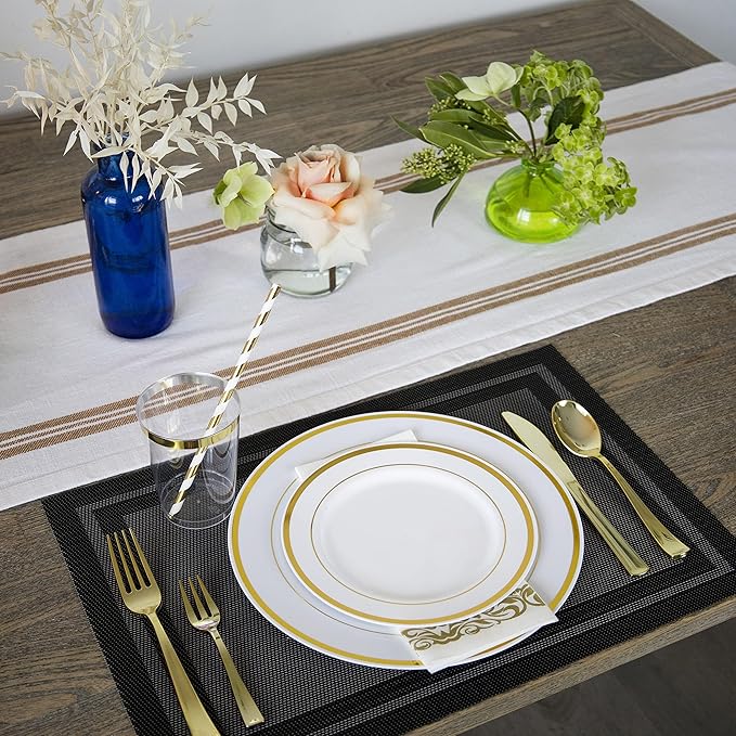 Neatiffy100 Pcs Gold Rim Plastic Dinnerware Set (50 Guest) | 50 x (Dinner Plate, Dessert Plate) | For Wedding, Luxurious Party, Special Event