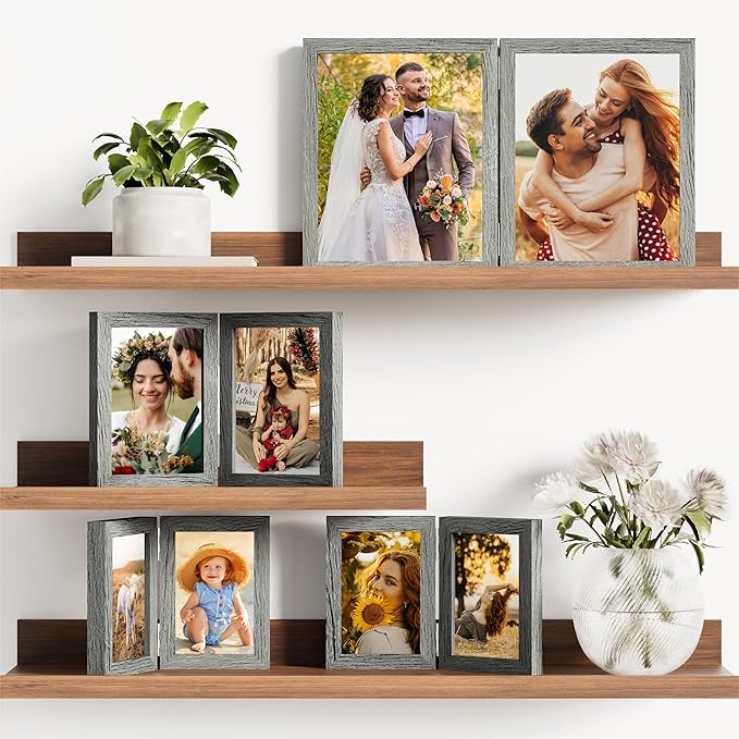 decorUhome Double 8x10 Picture Frame Vertical, Engineered Wood Bifold Photo Frame with Plexiglass for Tabletop Display, 8x10, Grey