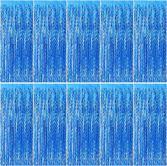 Blue Backdrop Wavy Tinsel Foil Fringe Curtains for Parties Sparkle Metallic Wavy Blue Birthday Decorations for Streamers Party Decorations Photo Booth Props Birthday Ocean Party Decor Supplies