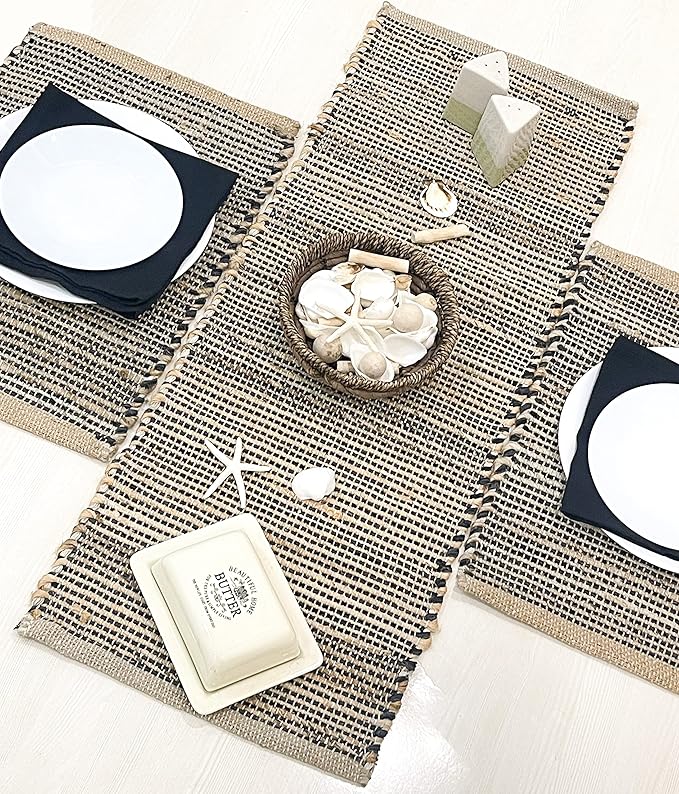 Chardin home Natural Jute Table Runner 13x36 Inch – Vintage Boho Rustic Table Decor – Handwoven Table Runner in Natural Jute and Black – Farmhouse Dining or Console Table Accent