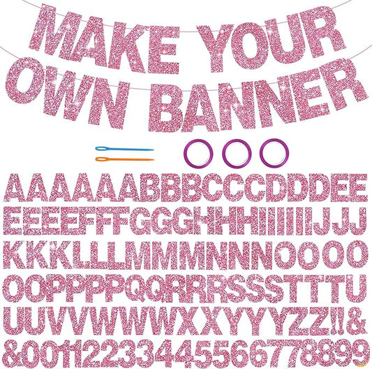 BEISHIDA 116 PCS A-Z Glitter Pink DIY Letter Banner Kit Make Your Own Banner，Including 111 Letters and Numbers 3 Rope and 2 Threading Device,Customized for Birthday Graduation Wedding Party Decor