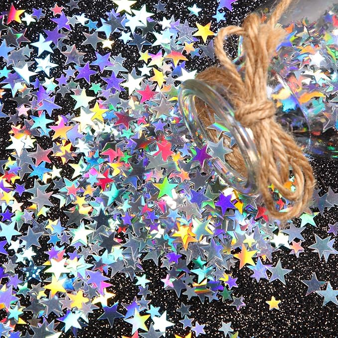Hestya 60g Star Confetti Glitter Table Confetti Metallic Foil Stars for Party Wedding Festival Decorations(Holographic Silver,10mm and 6mm)