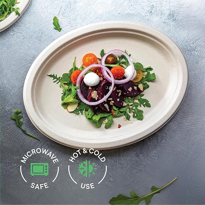100% Compostable Oval Paper Plates [50-Pack] - {PFAS-Free} - {BPI Certified} - [10 Inch] Heavy Duty, Eco-Friendly, Biodegradable Bagasse Dinner Platters - Natural Brown 10" Oval Plates by Stack Man