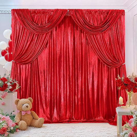 Christmas Backdrop Curtains Glitter Fabric - 4.8x8FT 4 Panels Red Background for Baby Shower Birthday Photography Decoration (19.2x8FT)